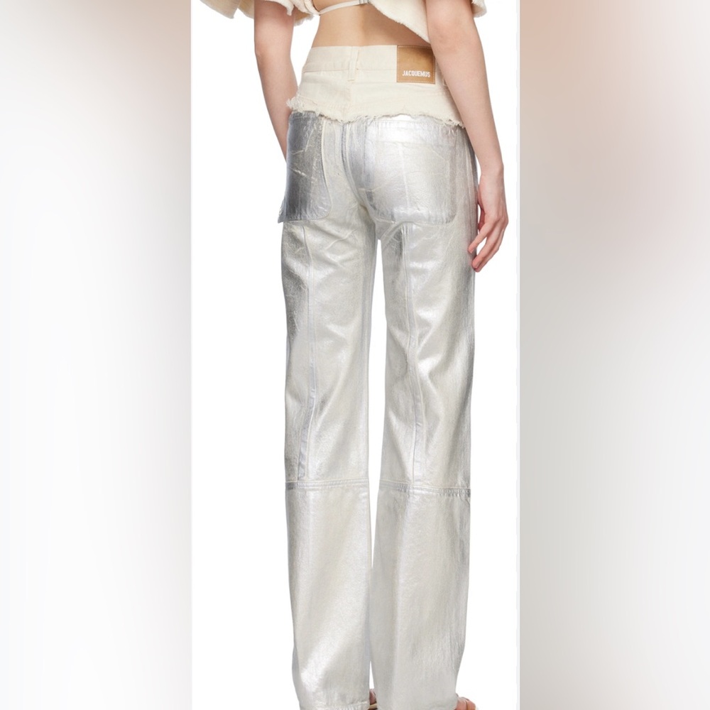 Wide-leg coated non-stretch organic cotton denim jeans.
 Color: Silver, size 27